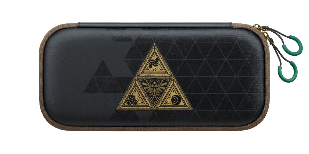Front of the Zelda 40th Anniversary Switch 2 carrying case with a gold Triforce design